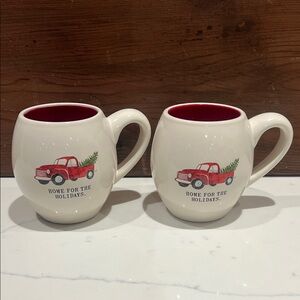 🔥‼️Rae Dunn Cream Mugs with Red Interior and Red Truck Design - Pair‼️🔥